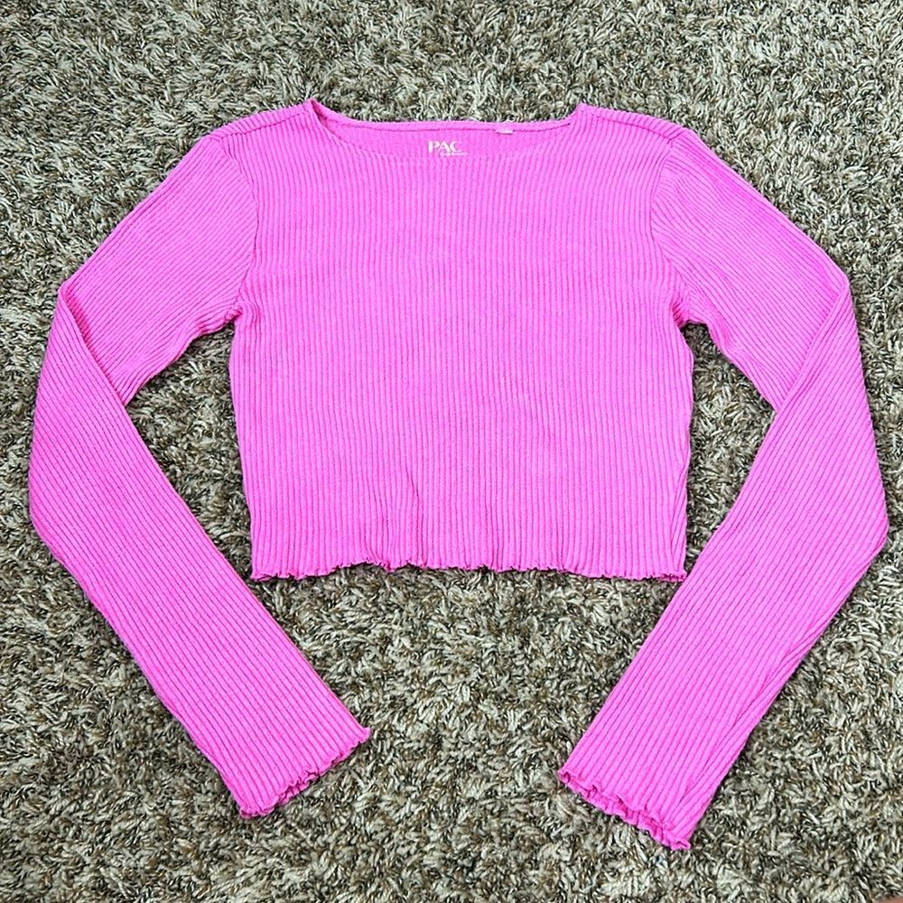 Pac Sun Pink Ribbed Long Sleeve Lettuce Hem Top Sz XS